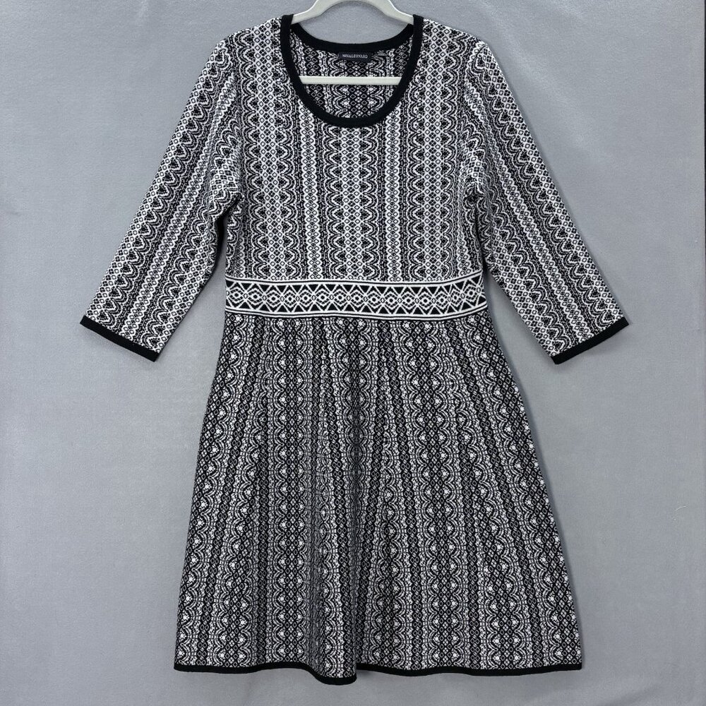 Nina Leonard Fit & Flare Knit Sweater Dress Geometric Print Black White Feminine